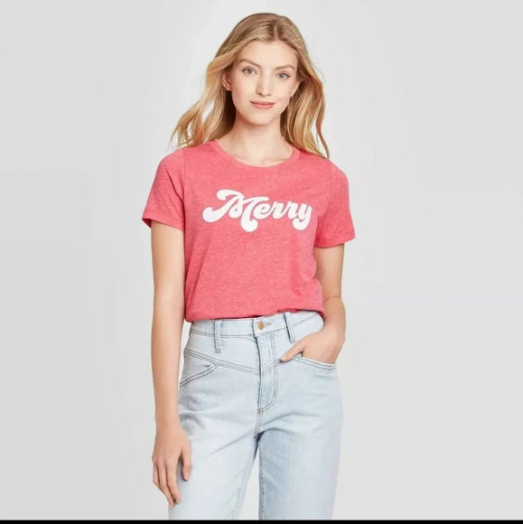 Women's Merry Short Sleeve Holiday Graphic T-Shirt - Light Red Size XL - Picture 1 of 4